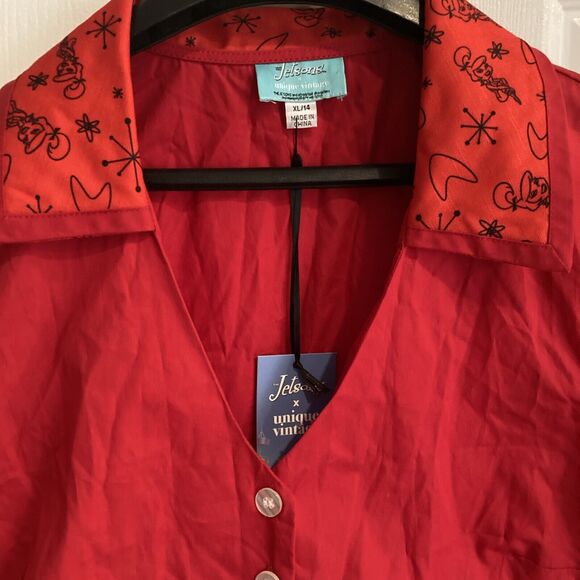 Unique Vintage X Jetson's XL Red Tie Front Crop Top Button Up Collared Shirt NWT - Picture 5 of 16